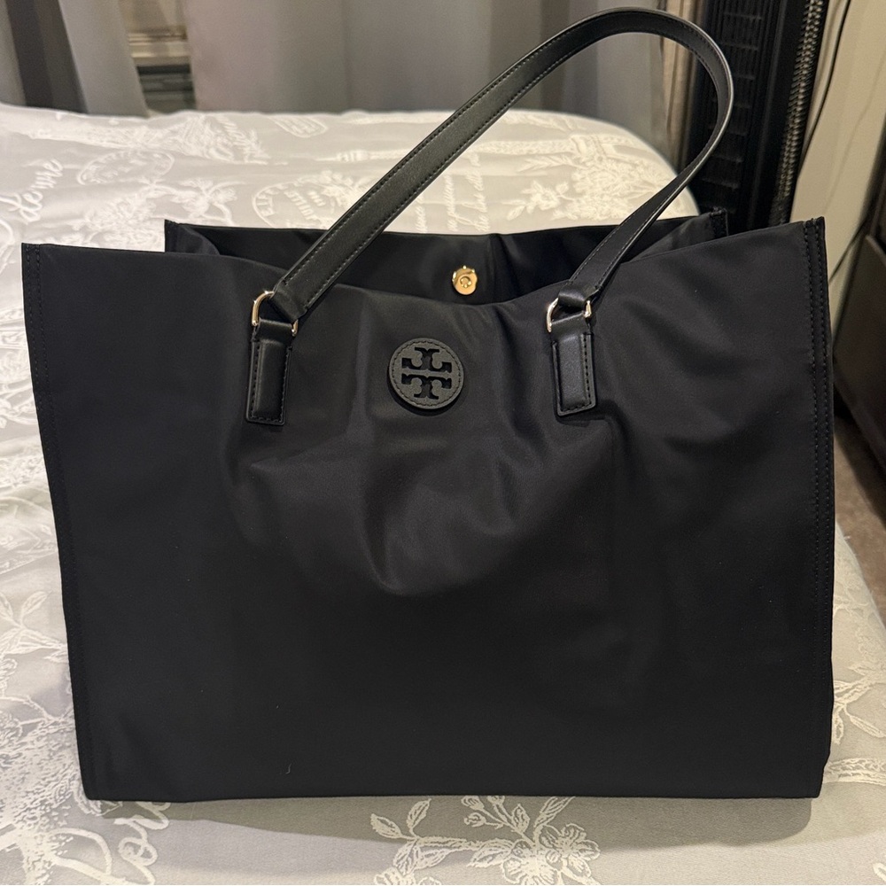 Tory Burch Ella Gold Tone Black Nylon Tote with Logo Tory Medallion